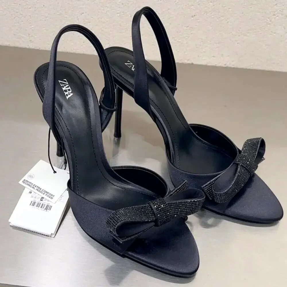 ZARA Embellished Slingback Bow Heels NWT — Size 8 Black Satin - Picture 6 of 16